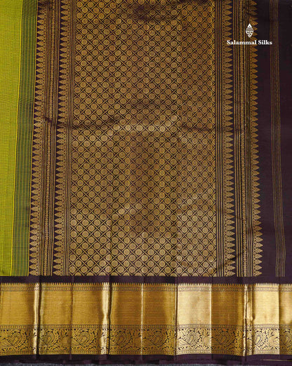 Pure Kanjivaram Silk Saree - Olive Green Tiny Zari Checks With Butta Along With Contrast Dark Brown Traditional Evening Morning Border