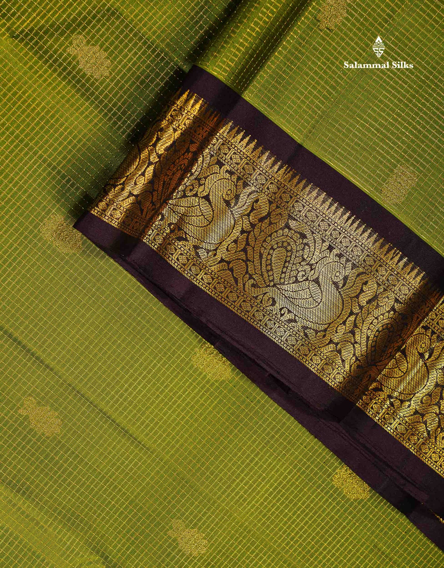 Pure Kanjivaram Silk Saree - Olive Green Tiny Zari Checks With Butta Along With Contrast Dark Brown Traditional Evening Morning Border