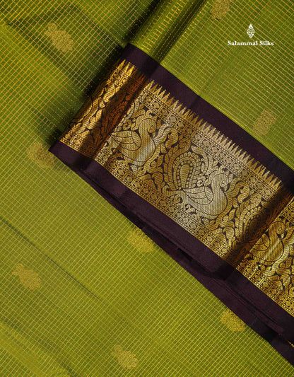 Pure Kanjivaram Silk Saree - Olive Green Tiny Zari Checks With Butta Along With Contrast Dark Brown Traditional Evening Morning Border
