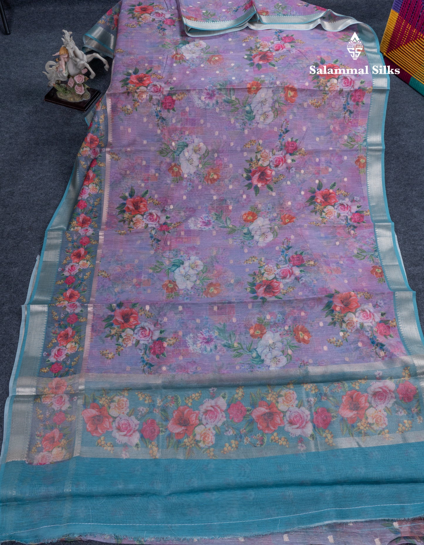 Light Pink Printed Linen Mix Fancy Saree With Contrast Peacock Green Fancy Border