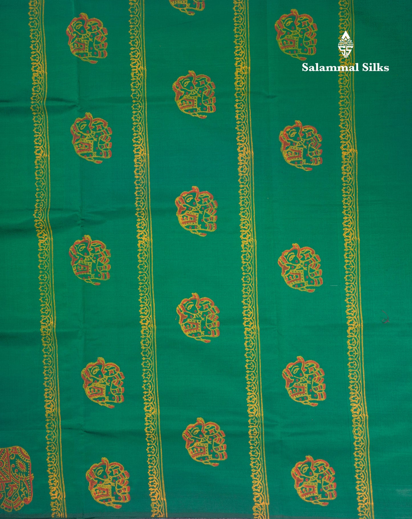 Bottle Green South Cotton Printed Saree With Contrast Manthulir Yellow Blouse