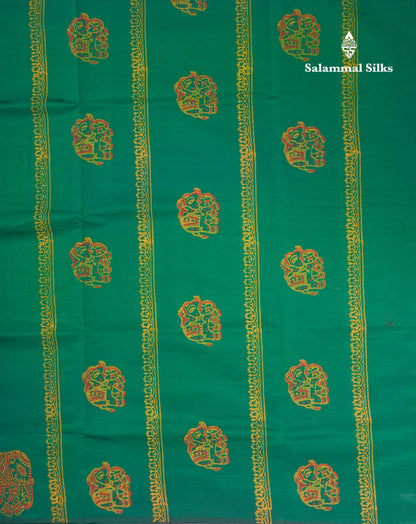 Bottle Green South Cotton Printed Saree With Contrast Manthulir Yellow Blouse