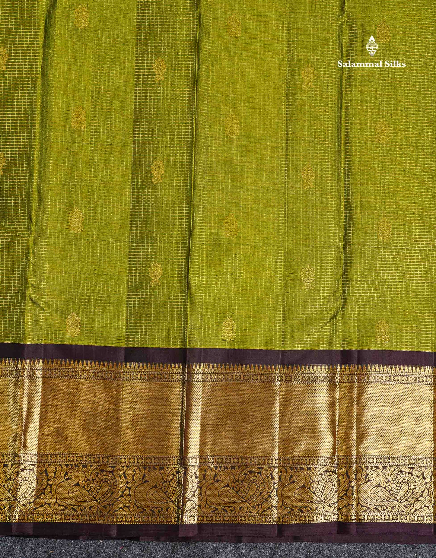 Pure Kanjivaram Silk Saree - Olive Green Tiny Zari Checks With Butta Along With Contrast Dark Brown Traditional Evening Morning Border