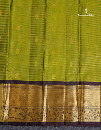 Pure Kanjivaram Silk Saree - Olive Green Tiny Zari Checks With Butta Along With Contrast Dark Brown Traditional Evening Morning Border