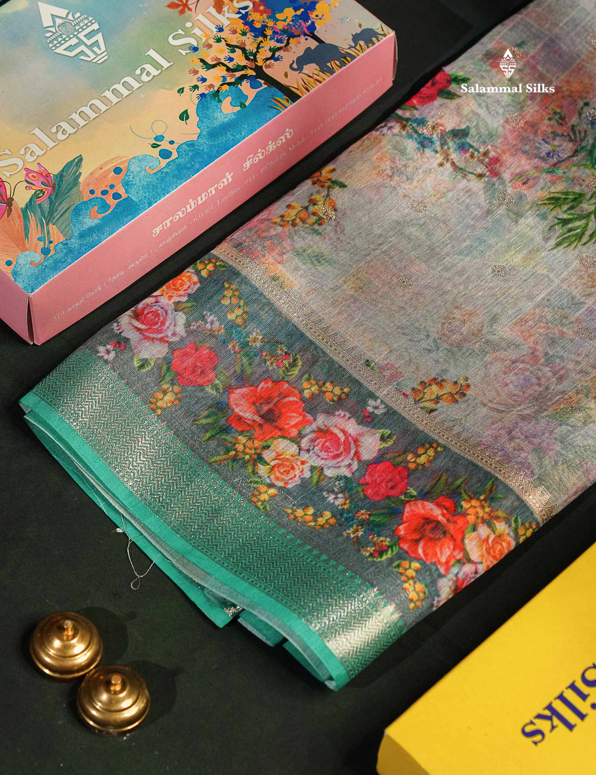 Light Pink Printed Linen Mix Fancy Saree With Contrast Peacock Green Fancy Border
