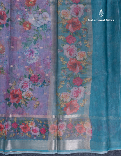 Light Pink Printed Linen Mix Fancy Saree With Contrast Peacock Green Fancy Border