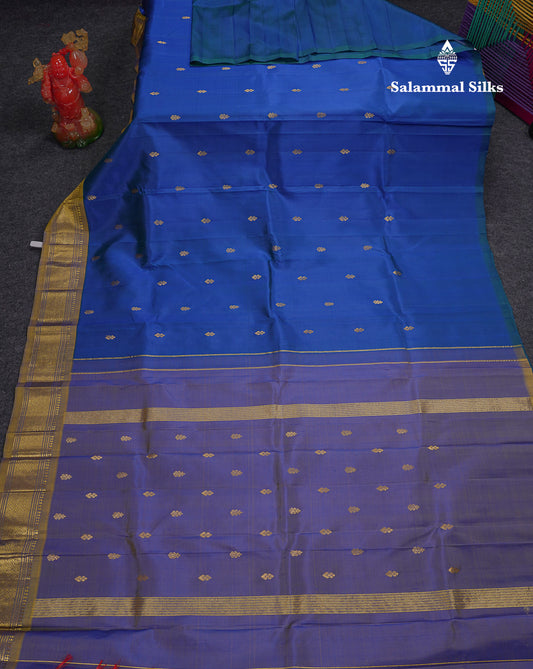 Beautiful Dual Tone Peacock Blue Pure Kanjivaram Silk Saree With Contrast Manthulir Yellow Traditional One Side Border