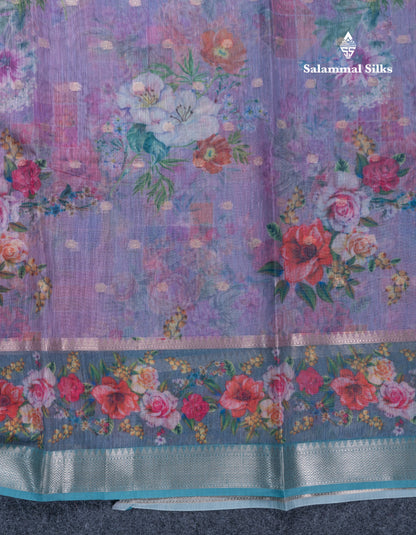 Light Pink Printed Linen Mix Fancy Saree With Contrast Peacock Green Fancy Border
