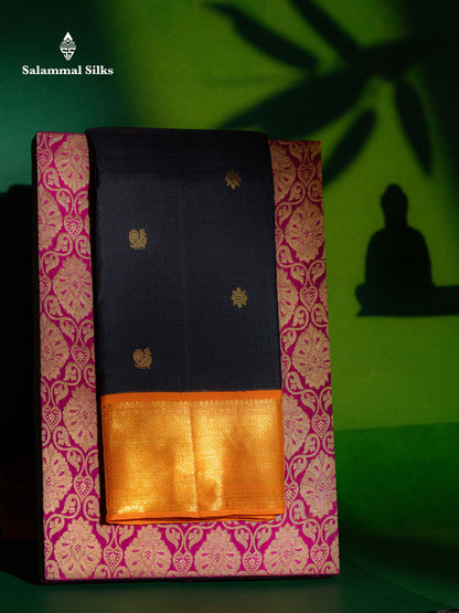Korvai Beautiful Black Pure Kanjivaram Silk Saree With Contrast Orange Traditional Border