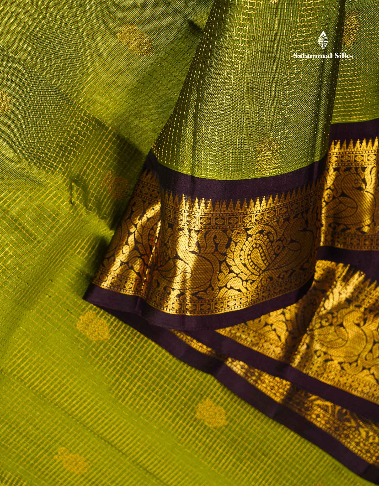 Pure Kanjivaram Silk Saree - Olive Green Tiny Zari Checks With Butta Along With Contrast Dark Brown Traditional Evening Morning Border