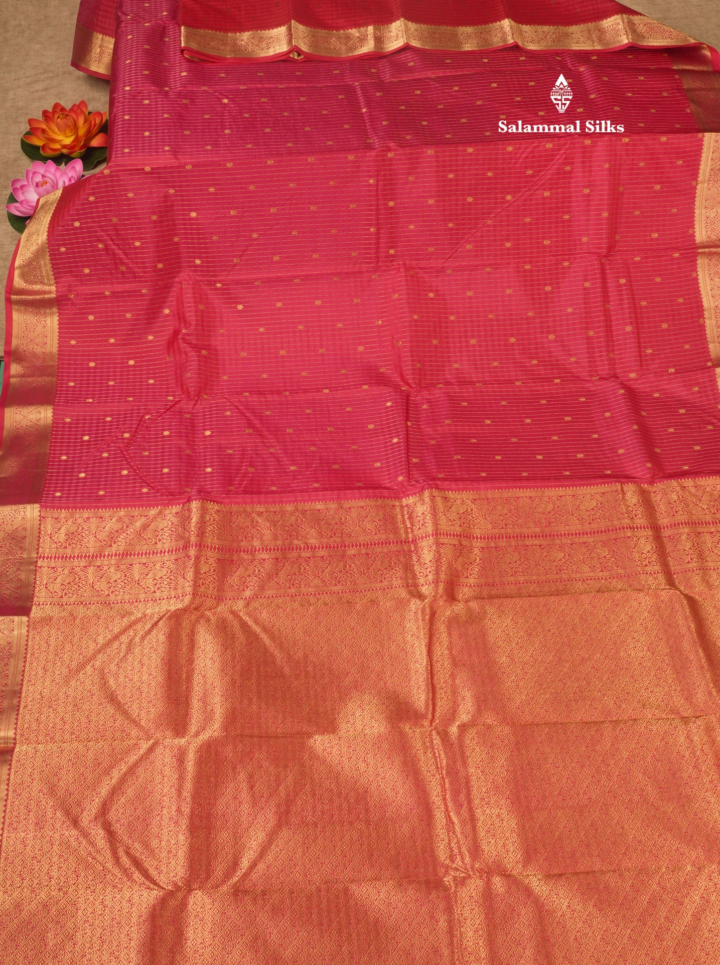 Pinkish Red Zari Lines Pure Kanjivaram Silk Saree With Small Border