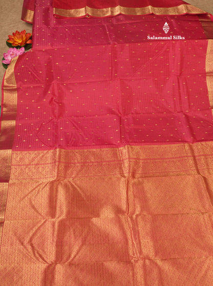 Pinkish Red Zari Lines Pure Kanjivaram Silk Saree With Small Border