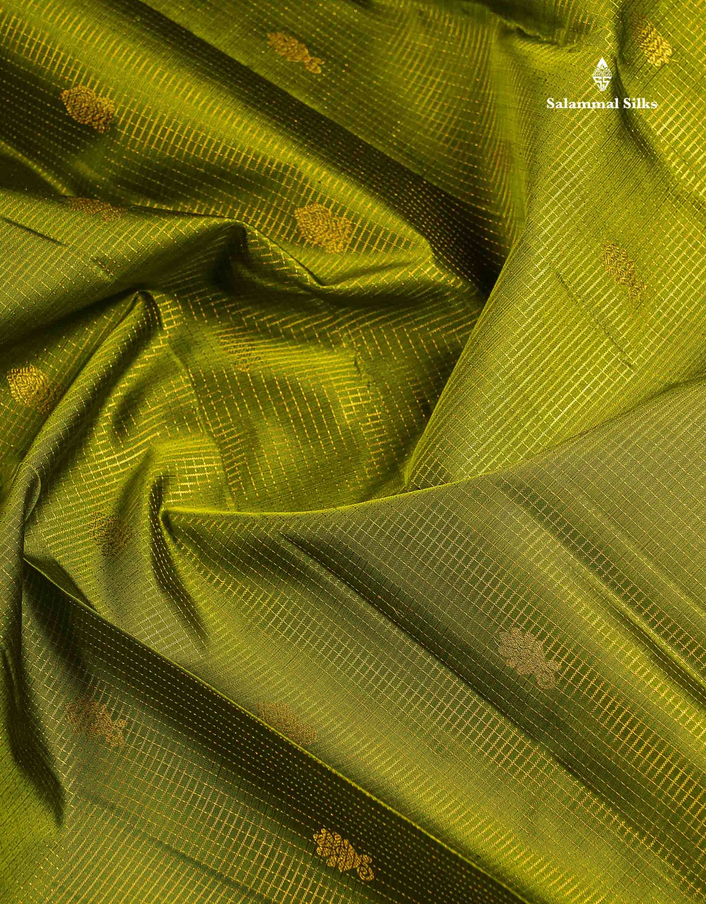 Pure Kanjivaram Silk Saree - Olive Green Tiny Zari Checks With Butta Along With Contrast Dark Brown Traditional Evening Morning Border