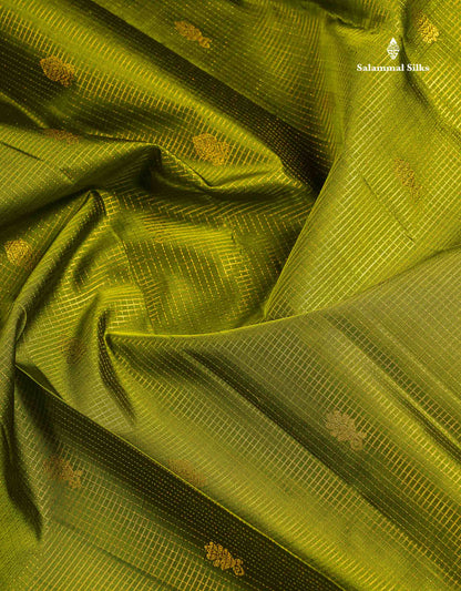 Pure Kanjivaram Silk Saree - Olive Green Tiny Zari Checks With Butta Along With Contrast Dark Brown Traditional Evening Morning Border