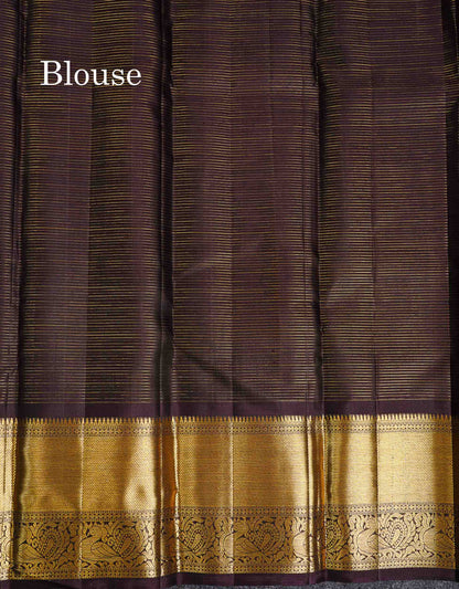 Pure Kanjivaram Silk Saree - Olive Green Tiny Zari Checks With Butta Along With Contrast Dark Brown Traditional Evening Morning Border