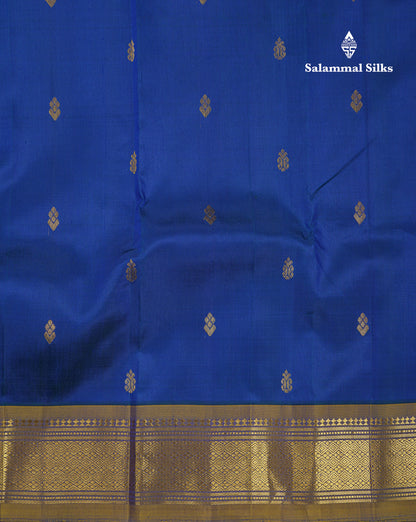 Beautiful Dual Tone Peacock Blue Pure Kanjivaram Silk Saree With Contrast Manthulir Yellow Traditional One Side Border
