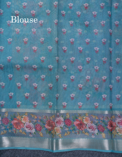 Light Pink Printed Linen Mix Fancy Saree With Contrast Peacock Green Fancy Border