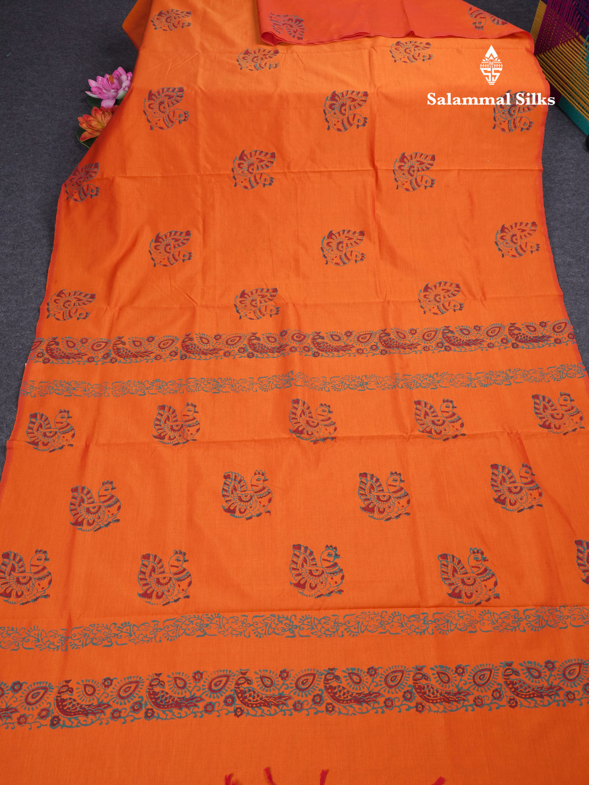 Orange South Cotton Printed Saree With Contrast Sapphire Green Blouse