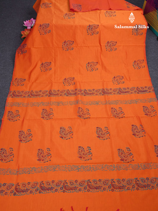 Orange South Cotton Printed Saree With Contrast Sapphire Green Blouse