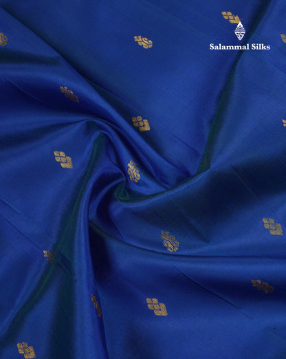 Beautiful Dual Tone Peacock Blue Pure Kanjivaram Silk Saree With Contrast Manthulir Yellow Traditional One Side Border
