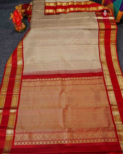 Pure Kanjivaram Silk Saree - Cream Sandal Tiny Zari Checks Along With Contrast Maroon Traditional Rettapet Border