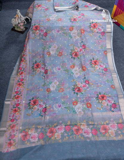 Light Pink Printed Linen Mix Fancy Saree With Contrast Peacock Green Fancy Border
