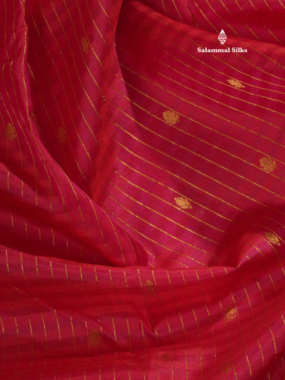 Pinkish Red Zari Lines Pure Kanjivaram Silk Saree With Small Border