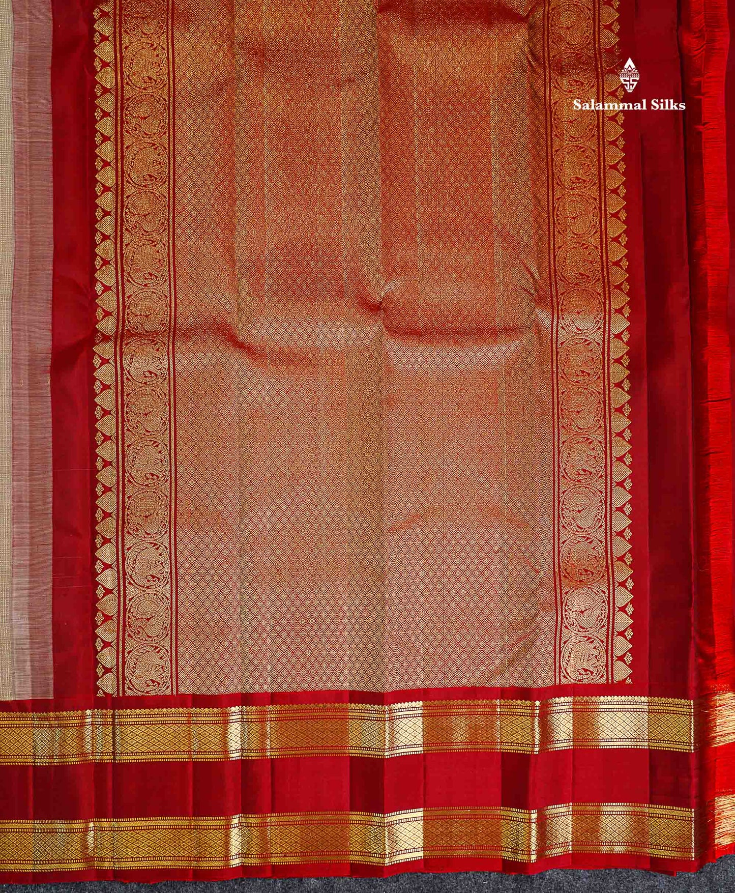 Pure Kanjivaram Silk Saree - Cream Sandal Tiny Zari Checks Along With Contrast Maroon Traditional Rettapet Border