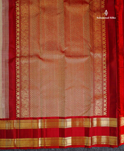 Pure Kanjivaram Silk Saree - Cream Sandal Tiny Zari Checks Along With Contrast Maroon Traditional Rettapet Border