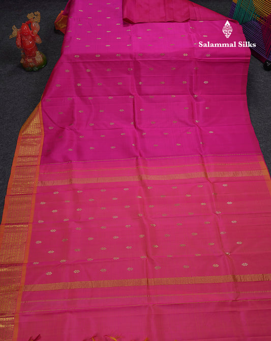 Beautiful Pink Pure Kanjivaram Silk Saree With Contrast Mustard Yellow Traditional One Side Border