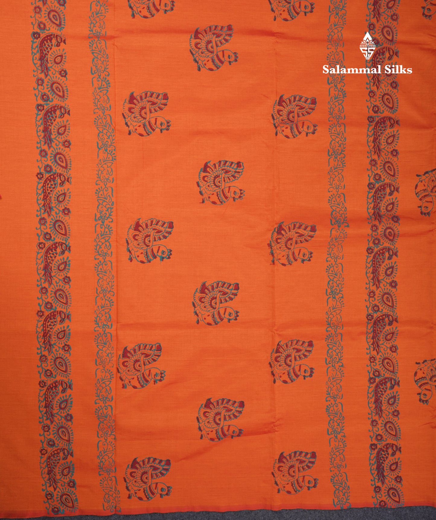 Orange South Cotton Printed Saree With Contrast Sapphire Green Blouse