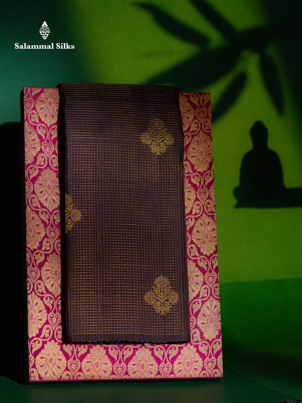 Beautiful Dark Brown Small Zari Checks With Silver & Gold Zari Butta Pure Kanjivaram Silk Saree With Contrast Paalum Pazham Checks Blouse