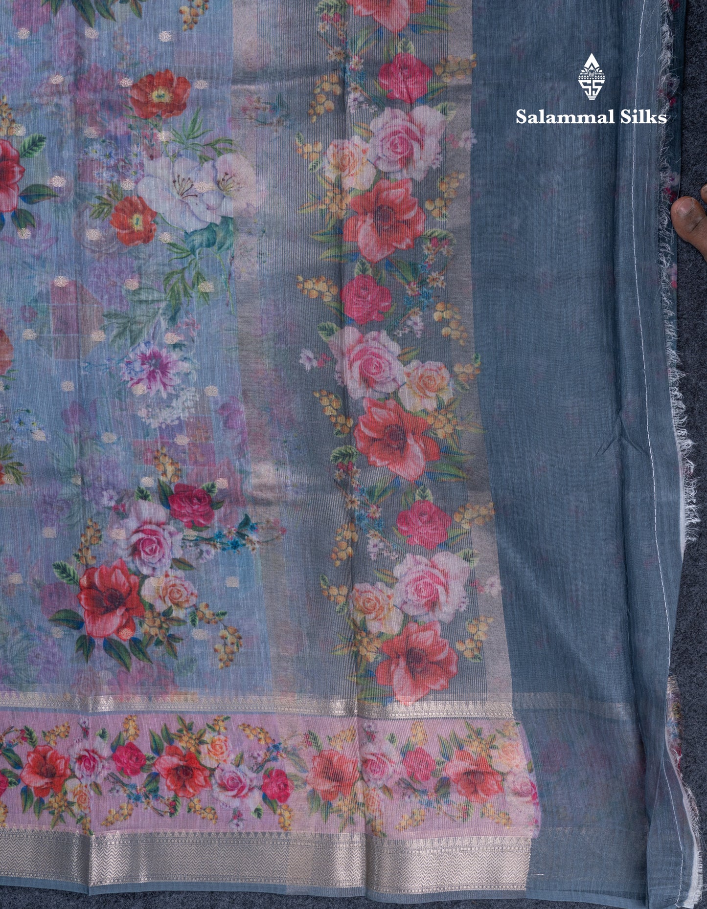 Light Pink Printed Linen Mix Fancy Saree With Contrast Peacock Green Fancy Border