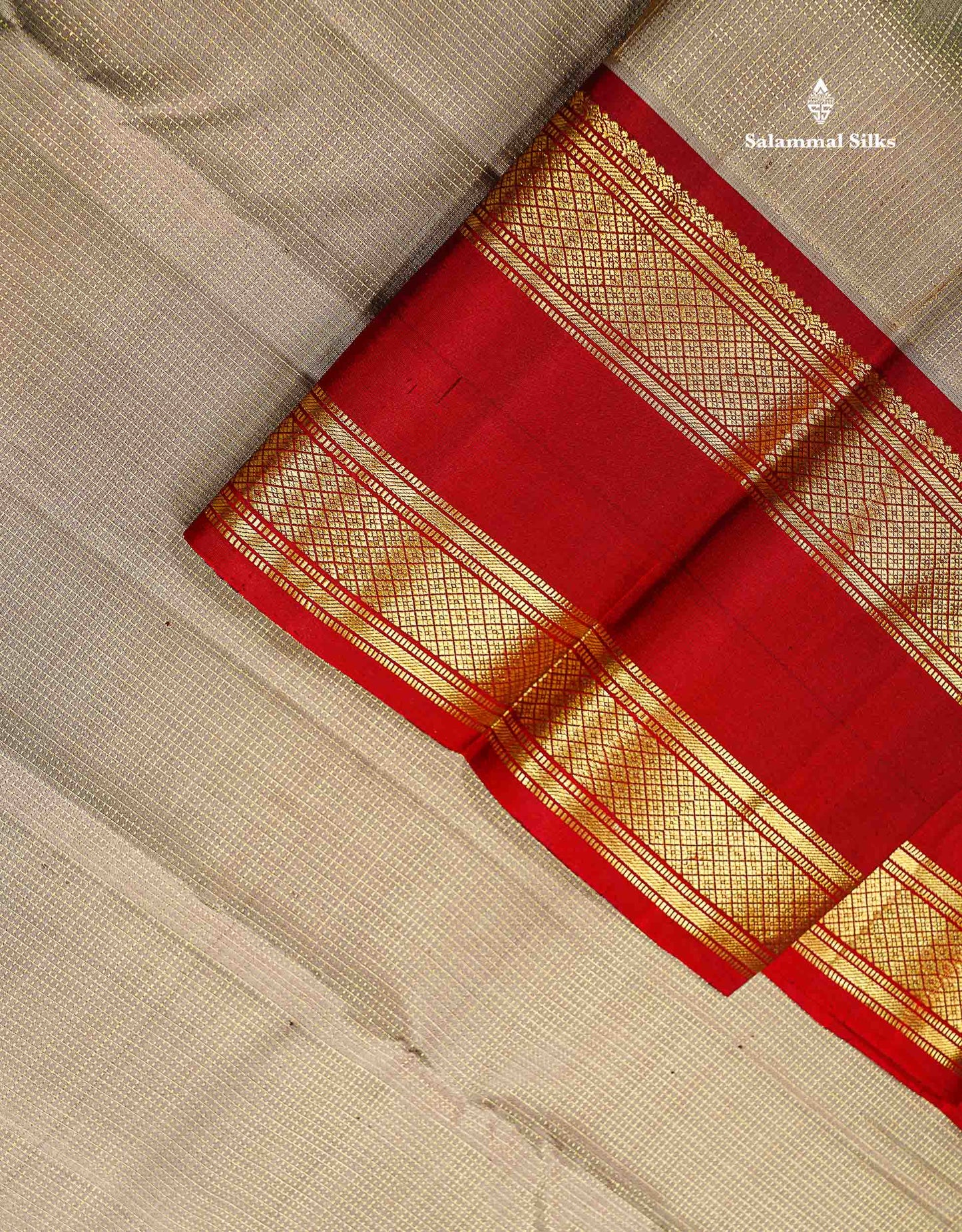 Pure Kanjivaram Silk Saree - Cream Sandal Tiny Zari Checks Along With Contrast Maroon Traditional Rettapet Border