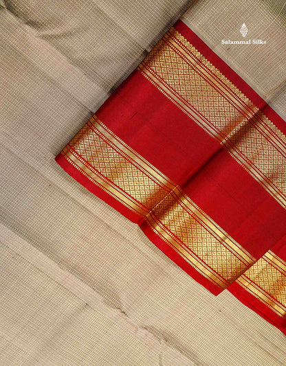 Pure Kanjivaram Silk Saree - Cream Sandal Tiny Zari Checks Along With Contrast Maroon Traditional Rettapet Border