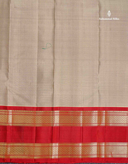 Pure Kanjivaram Silk Saree - Cream Sandal Tiny Zari Checks Along With Contrast Maroon Traditional Rettapet Border