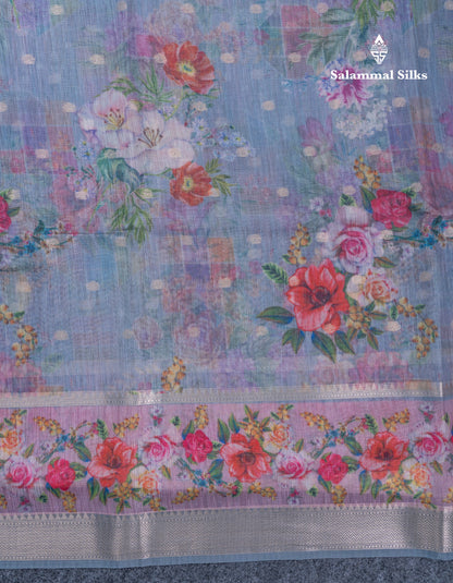 Light Pink Printed Linen Mix Fancy Saree With Contrast Peacock Green Fancy Border