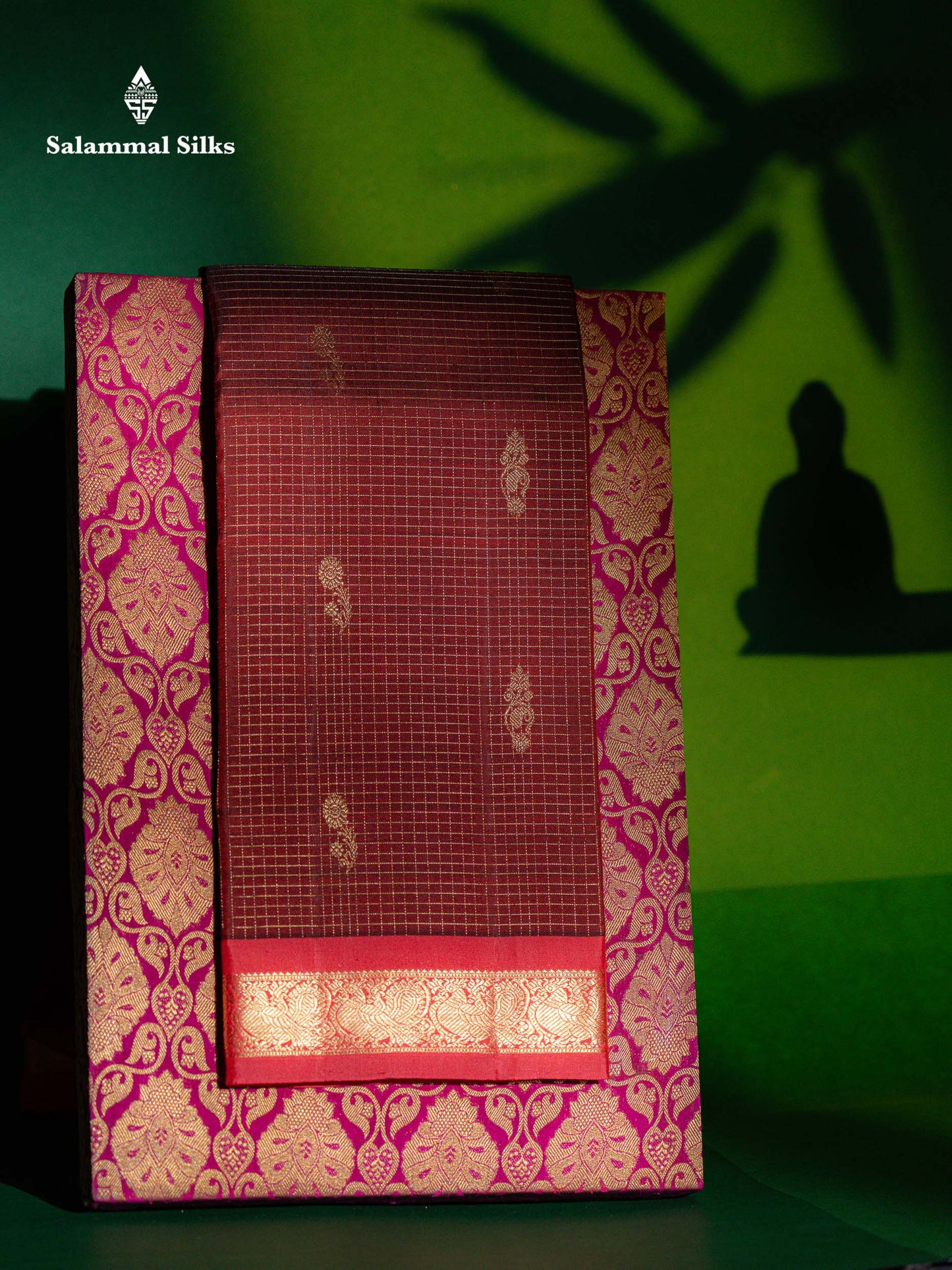 Beautiful Purple Zari Checks With Butta Pure Kanjivaram Silk Saree With Contrast Oniom Pink Traditional Border