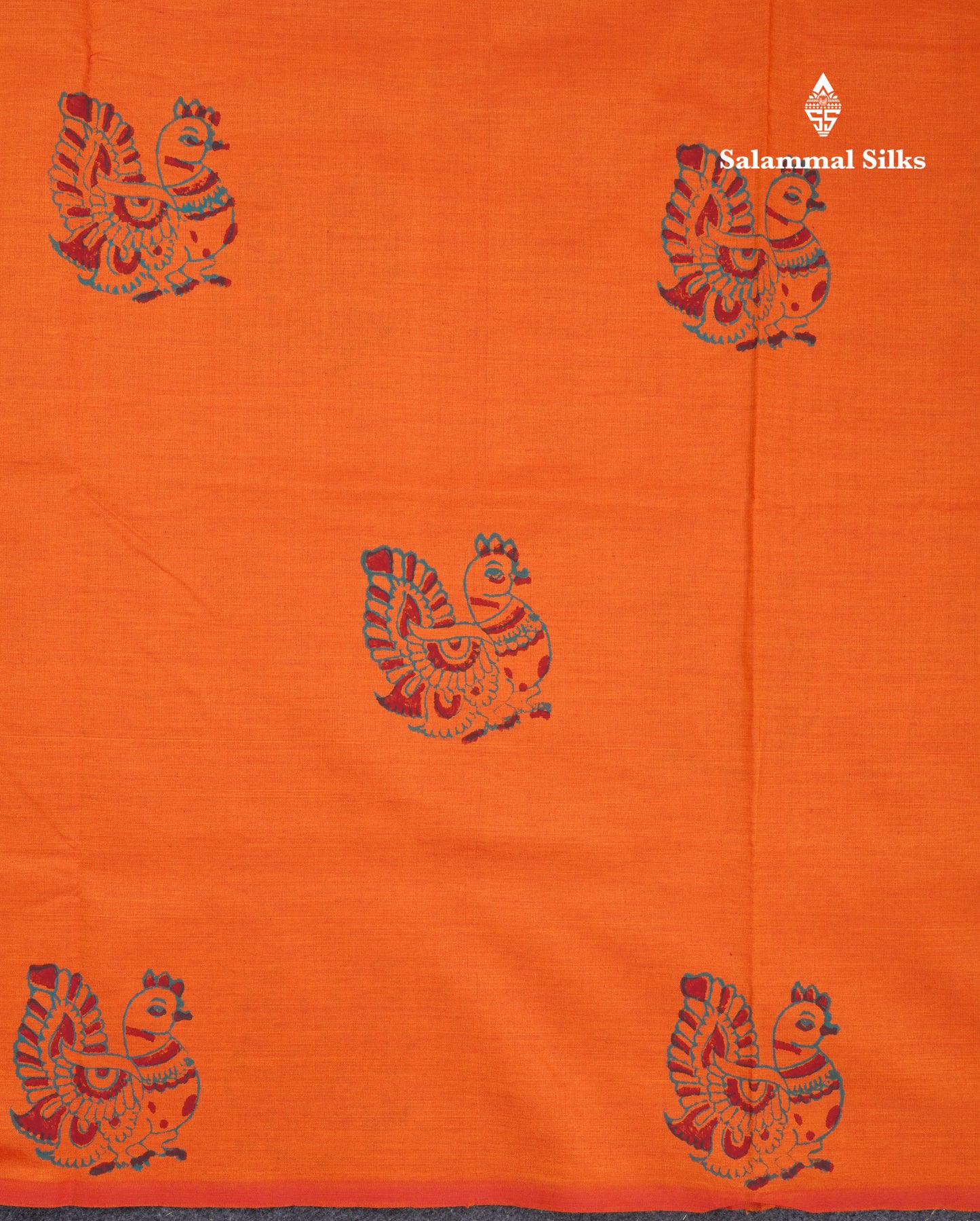 Orange South Cotton Printed Saree With Contrast Sapphire Green Blouse