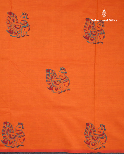 Orange South Cotton Printed Saree With Contrast Sapphire Green Blouse