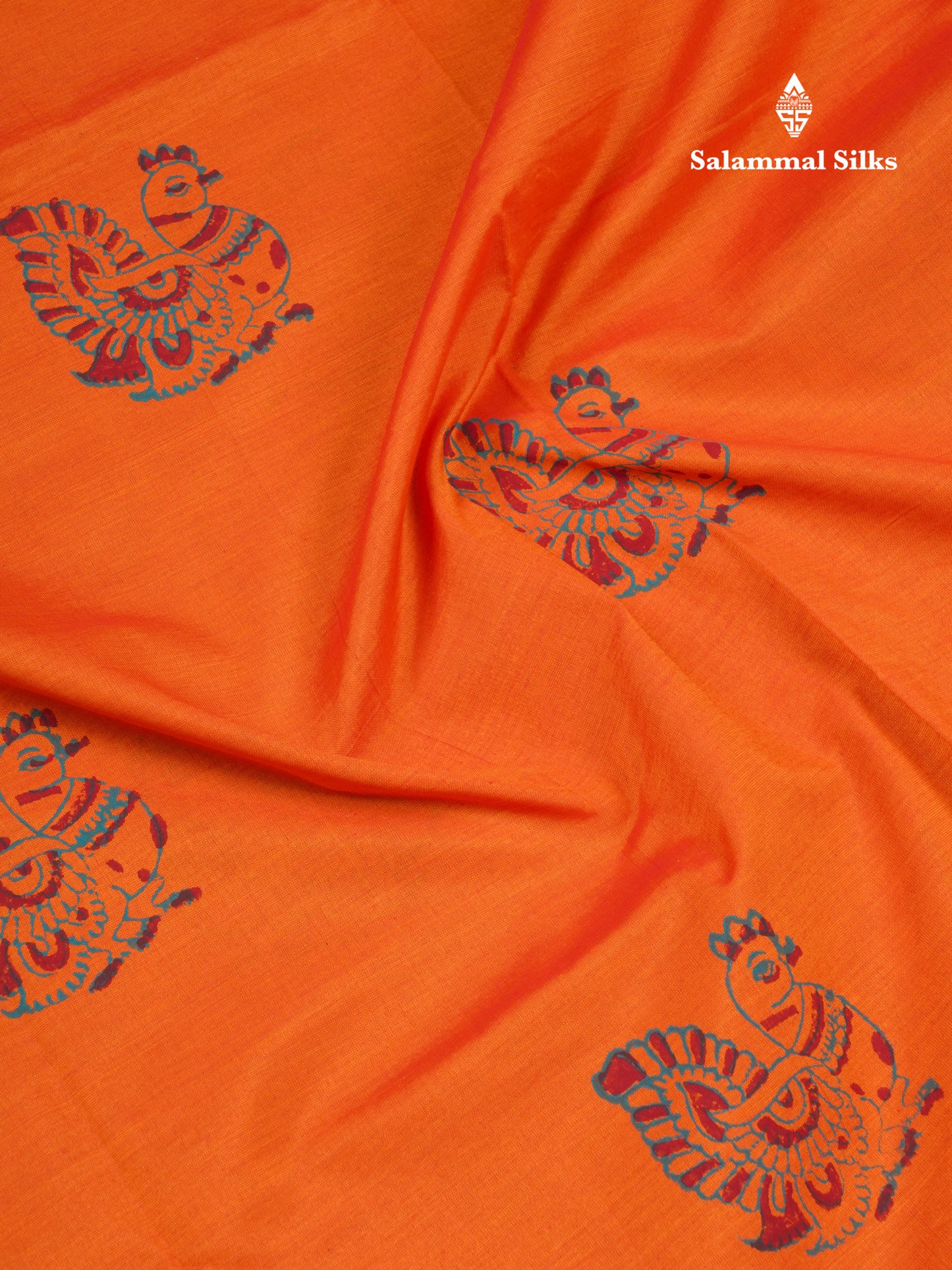 Orange South Cotton Printed Saree With Contrast Sapphire Green Blouse