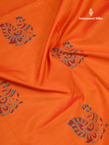 Orange South Cotton Printed Saree With Contrast Sapphire Green Blouse
