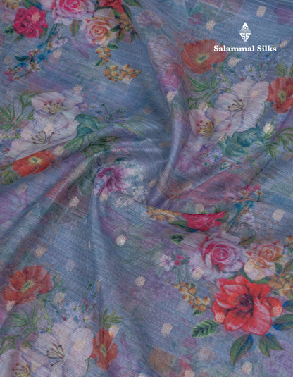 Light Pink Printed Linen Mix Fancy Saree With Contrast Peacock Green Fancy Border