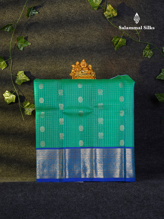 Beautiful Pure Silk Pattu Pavadai Zari Checks With Butta (Sapphire Green) With Contrast Violet Blouse 18"