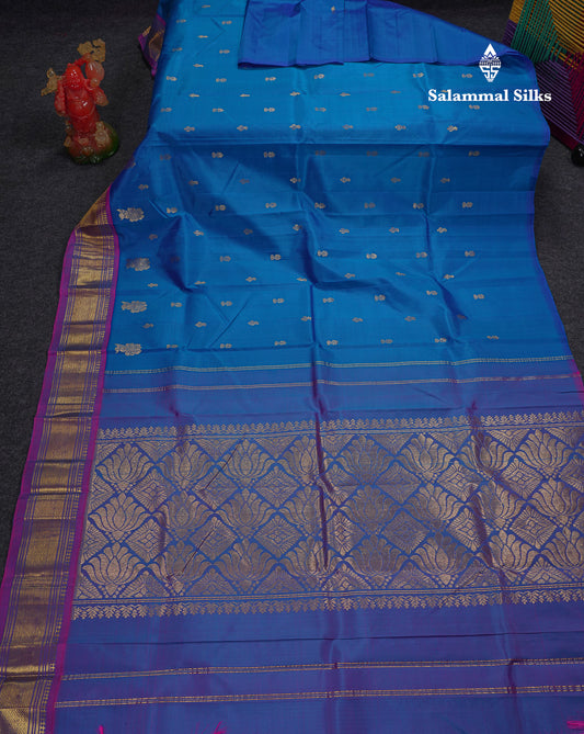 Beautiful Blue Pure Kanjivaram Silk Saree With Contrast Magenta Pink Traditional One Side Border