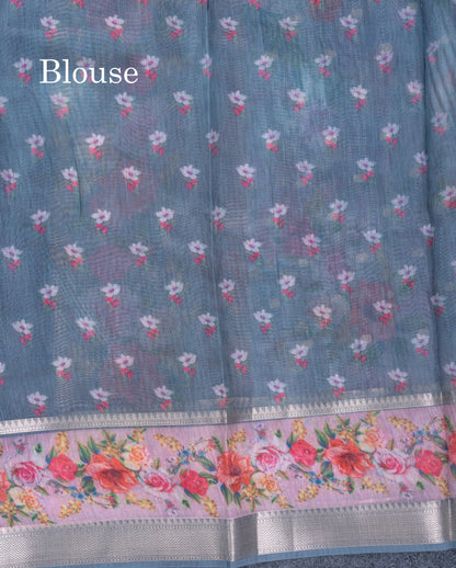 Light Pink Printed Linen Mix Fancy Saree With Contrast Peacock Green Fancy Border