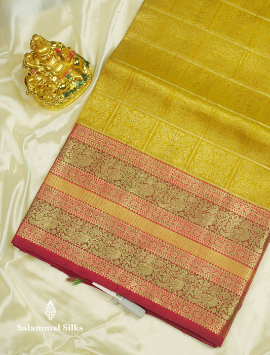 Mustard Yellow Checks Bridal Pure Kanjivaram Silk Saree With Contrast Pinkish Red Traditional Border