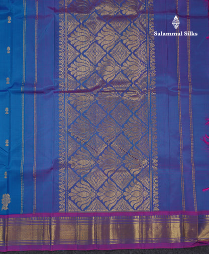 Beautiful Blue Pure Kanjivaram Silk Saree With Contrast Magenta Pink Traditional One Side Border