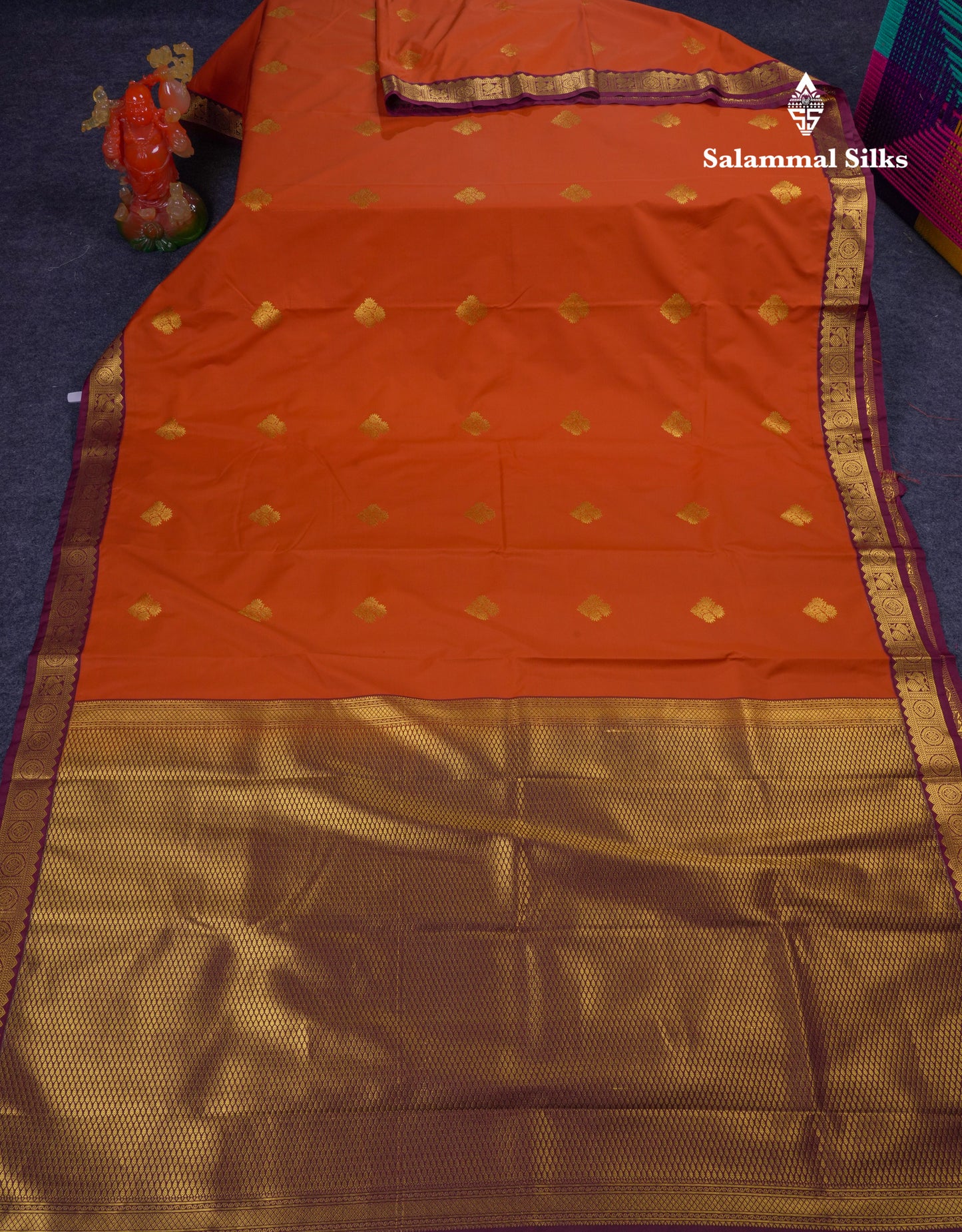 Beautiful Rust Orange Semi Silk Saree With Contrast Dark Brown Traditional Small Border