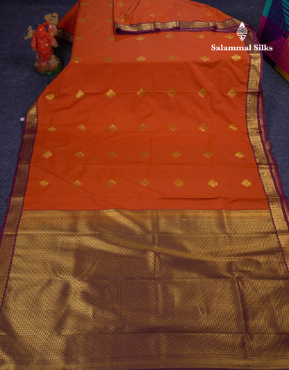 Beautiful Rust Orange Semi Silk Saree With Contrast Dark Brown Traditional Small Border